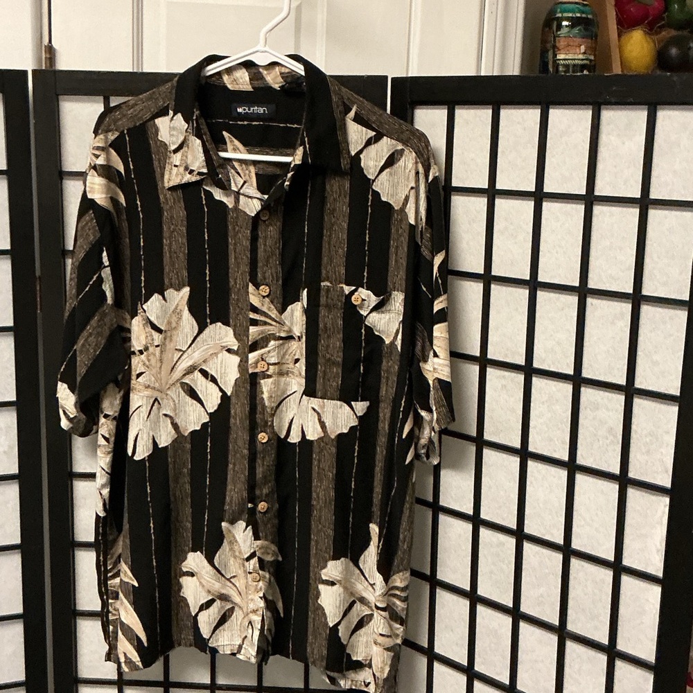 Puritan Black and Cream Tropical Stripe Button-Up Shirt